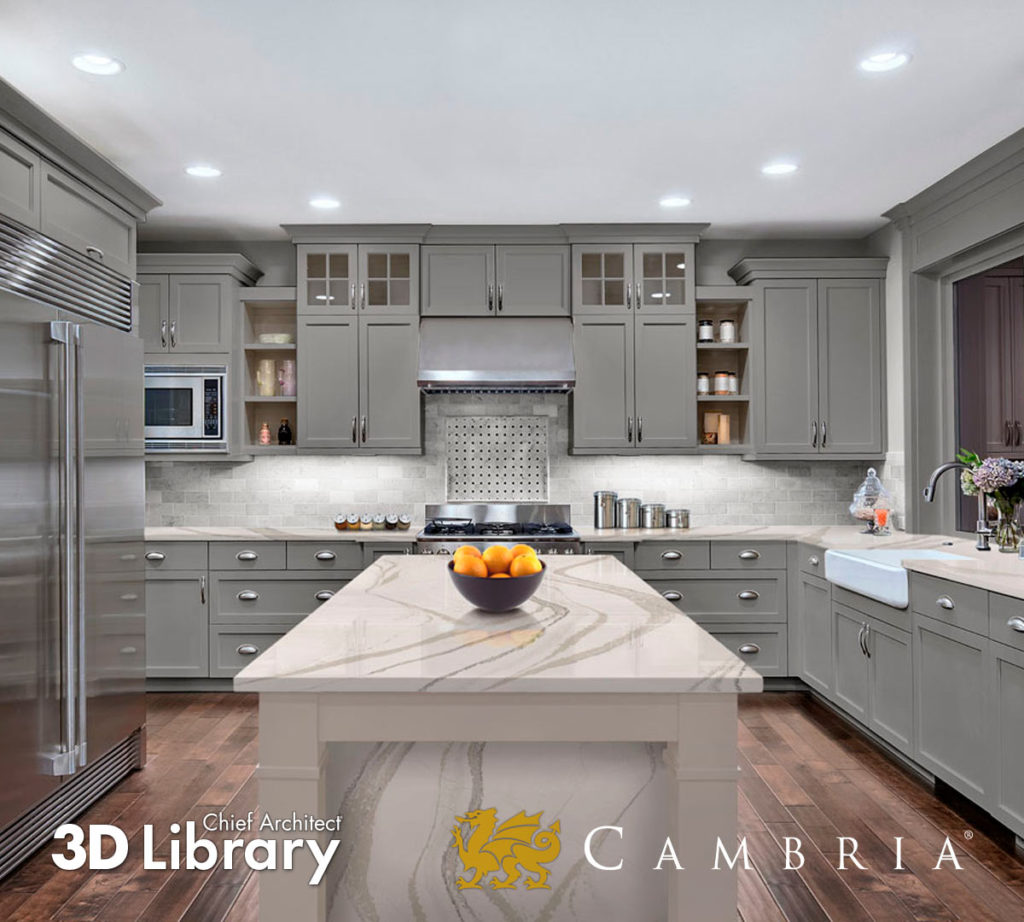 Large grey kitchen, light grey island, apron sink, and marbelized solid-surface counters.