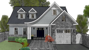 The simple grey stone facade story and a half home has a sweeping entry roof and front dormers. 