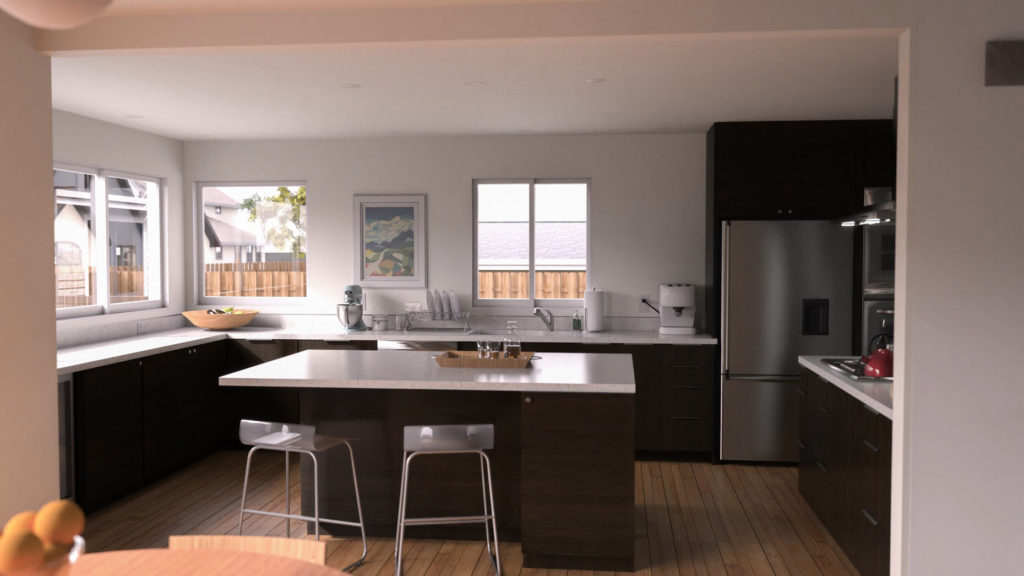 A contemporary kitchen design with Dark Cabinets and lots of natural light.