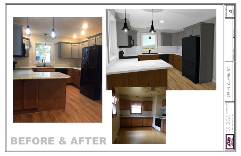 Kitchen remodel with gray cabinets, an l-shpaed counter top and hardwood floors.