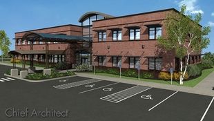 A brick commercial building with dual barreled entrance awnings and a barreled central greeting area.