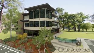 A modern commercial building with large overhangs, 3 stories of picture windows, and awnings sitting atop a knoll with a park-like background.