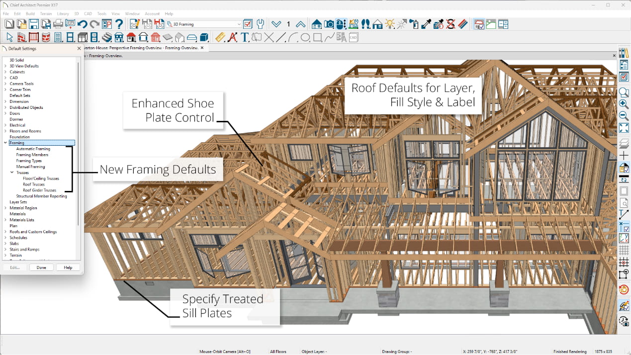 Chief Architect house framing design with callouts to new construction related framing features.