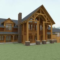 Timber frame home with exposed beams and exterior details.