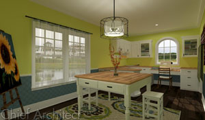 This craft room with its island work station, wall of cabinets, and green hues is all set for sewing, wrapping, and painting projects.