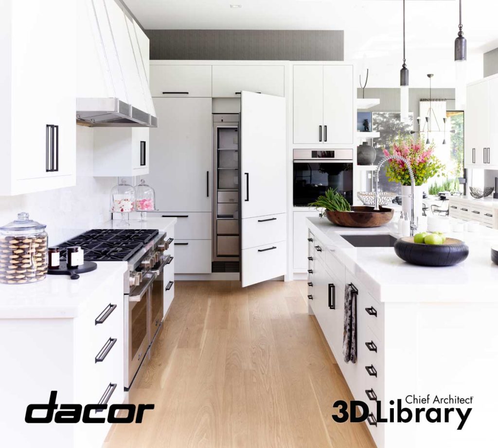 Stark white kitchen with warm wod floors, back hardware and stainless steel appliances.