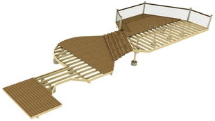 A 3D illustration for a deck framing construction shows the underlying deck structure for a multi-level deck, along with curved edges, railing, and planking details to hint at the finished look.