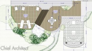 The 2D CAD drawing of a deck layout includes color coded lines for planking, furniture, patio stone & walls, and plants, along with dimensions for scale.