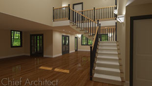 Move-in ready view of a living space looking up the stairs to the 2nd floor railing, the newly polished floors and warm neutral walls are a classic offset to the black casings.