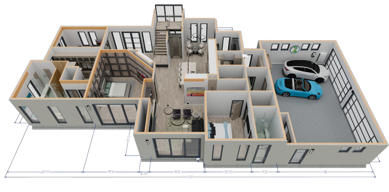Top down view with the roof removed of a doll house rendering of the Saguaro sample plan.