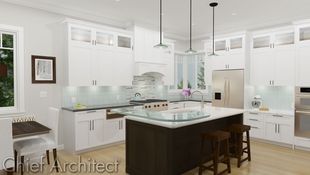 Another angle of a ray traced kitchen with white shaker cabinets highlights a wine bar at one end of the room next to the eat-in dining booth.