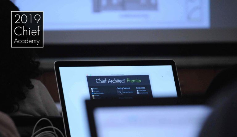 Laptops loaded with Chief Architect X11 sit on tables waiting for attendees to enter the classroom at the 2019 Chief Academy in Coeur d'Alene, ID.