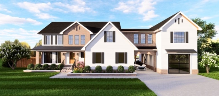 A modern two-story farmhouse with white and brick exterior, black shutters, and a three-car garage under a blue sky.