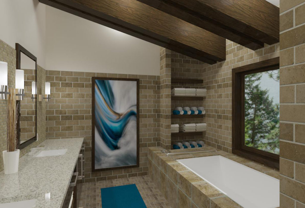 Primary bathroom with natural stone and exposed beams.