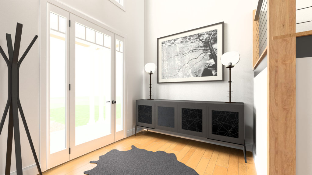 A rendering of an entryway with a modern buffet table that has a lamp on each end of it flanking a framed photograph of a cherry blossom tree. The entry uses the principles of feng shui.