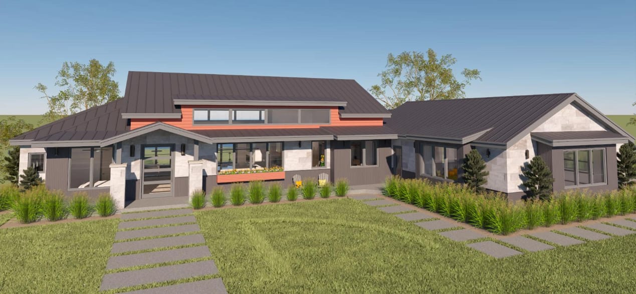 Front view of house with landscaping shown in a 3D Walkthrough video tour.