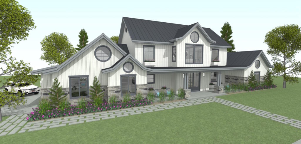 A 3D rendering of the front a house designed in Chief Architect Software.