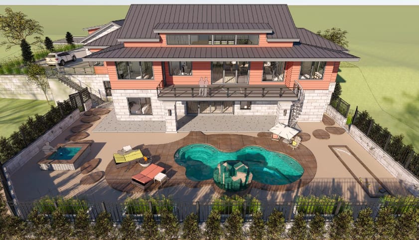 Backyard view of a house with balcony and pool shown in a 3D Walkthrough time-lapse of the shadow and sun movements throughout the day.