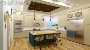 A rectangular dropped ceiling with warm reclaimed wood inlay and pendant lights centers a sit-in teal island in the farm kitchen, complete with seamless corner window, inset cabinet doors, and a sliding barn door for the pantry.