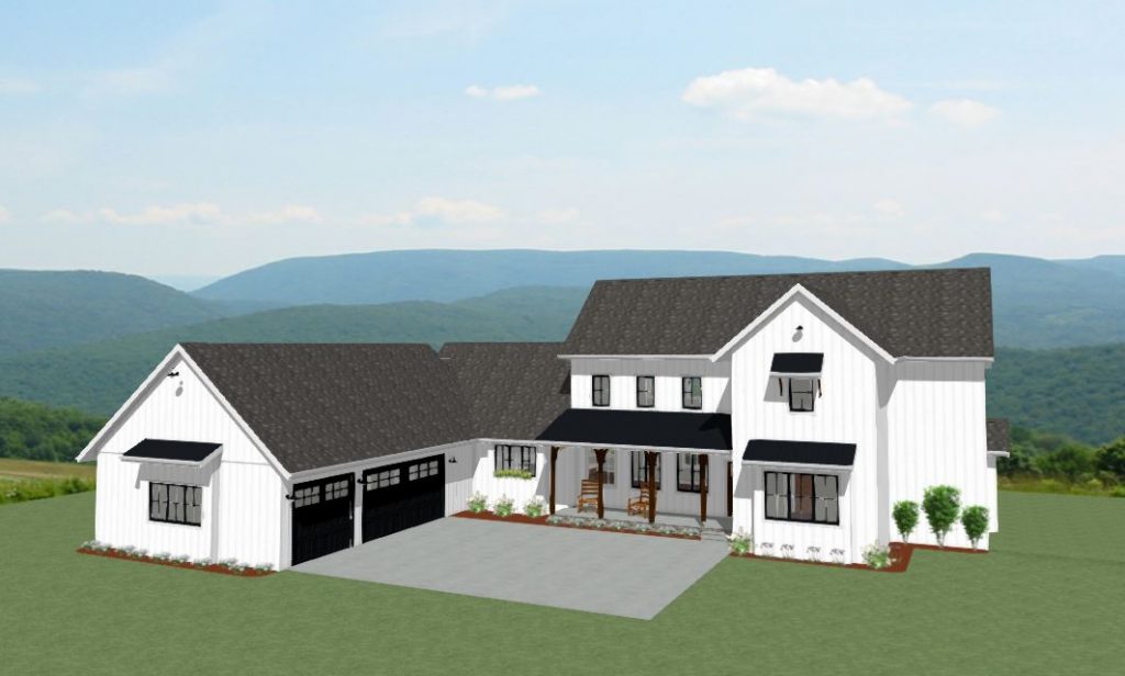 Two-story farmhouse with white siding, black trim and a two-car garage.