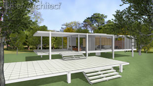 Legendary architect Philo Farnsworth inspired this technical line rendering of a home on pilings set against a realistic lush and park-like background.