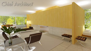 A mass of yellow alder cabinetry creates room definition between living, bedroom, kitchen, and dining spaces in this reproduction of an airy and classic Farnsworth design.