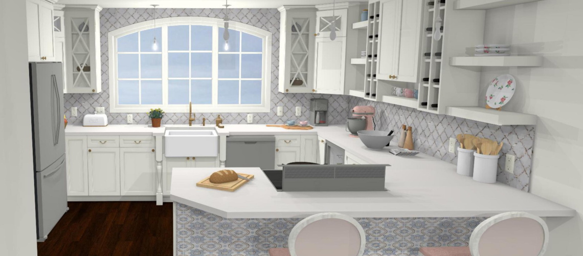 Shabby chic kitchen with large windows for natural light with gray neutral colors.