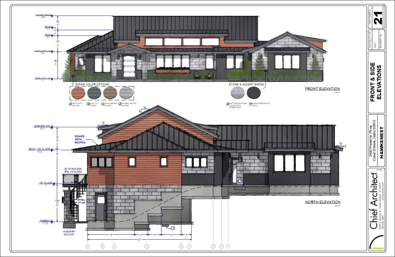 Front and side elevations of the Hawksnest house on a layout sheet.