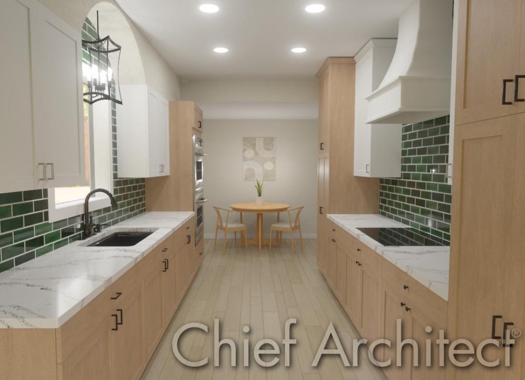 A warm galley-style kitchen featuring light wood cabinetry, green subway tile backsplash, and a cozy dining nook at the far end rendered in Chief Architect.