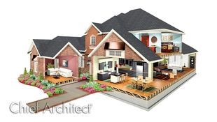 Illustrating both interior and exterior design, this rendering is missing exterior walls allowing you to peek inside to bedroom, living room, kitchen, and study.