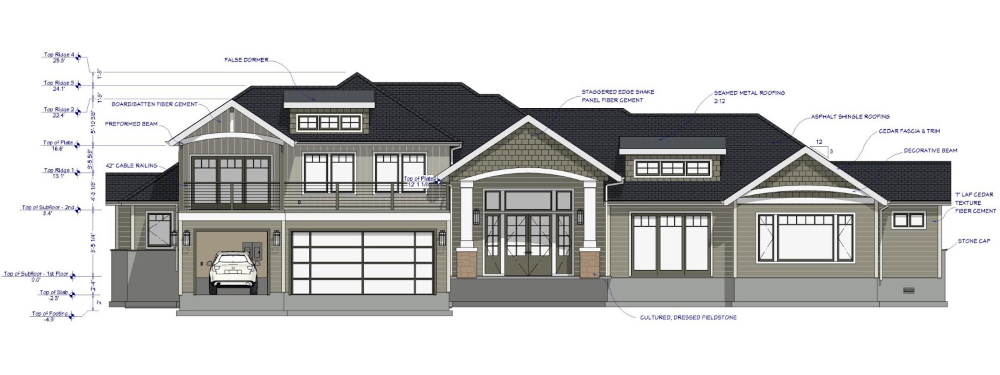 Front Elevation of the Grandview House with story pole dimensions.