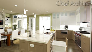 This open layout features a two-tone kitchen in mild brown and white, a casual modern dining table capped with calla lilies, and adjacent living room with a tiled gas fireplace.