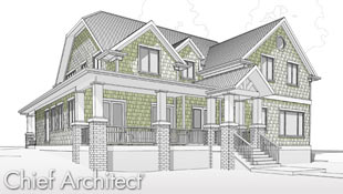 A wrap-around porch starts with a gable at the front entry of this shingled half-hip house that is rendered in a technical style with green highlights.