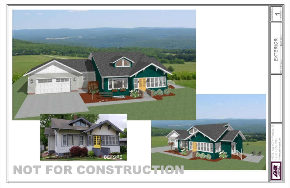 Craftsman-style bungalow remodel with green siding and a yellow front door.