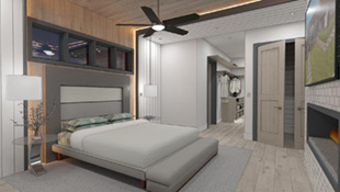 ensuite bedroom decorated in beige with white and brown paneled walls with integrated lighting strips and walk-in closet in background; bed on the left faces white tiled wall with a long contemporary fireplace and tv above