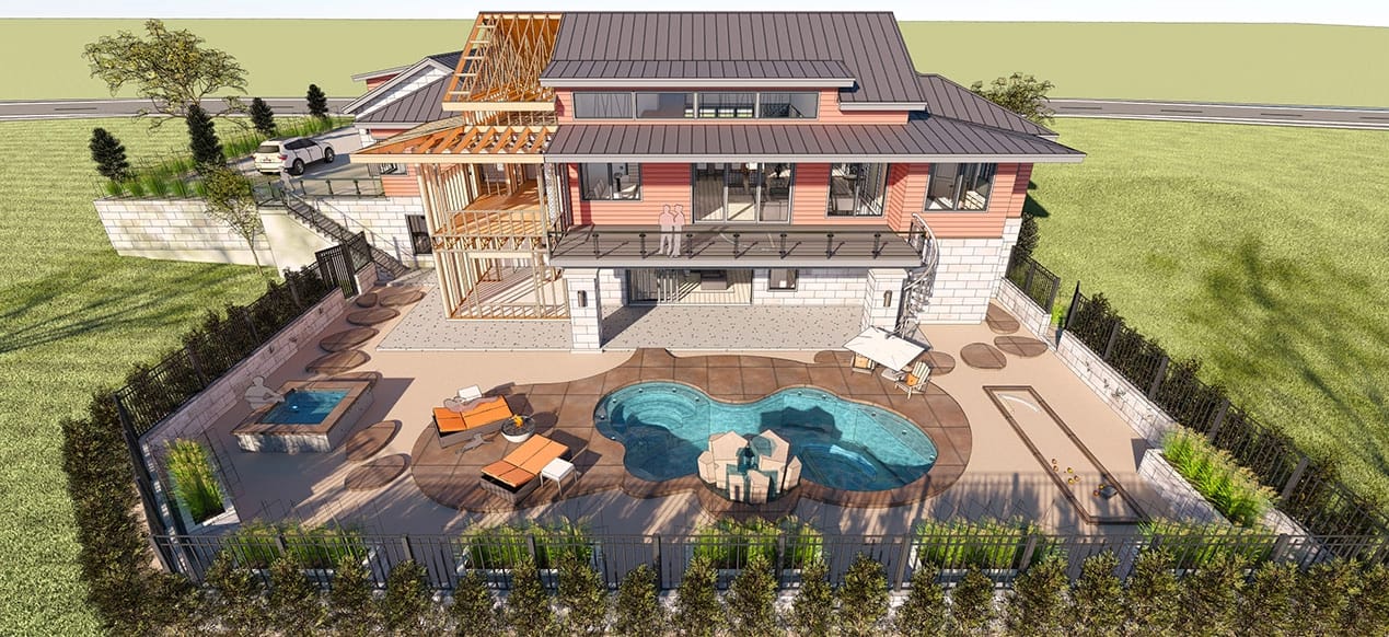 Overview of the house exterior designed and rendered in Chief Architect with landscaped pool, patio and exposed house framing.