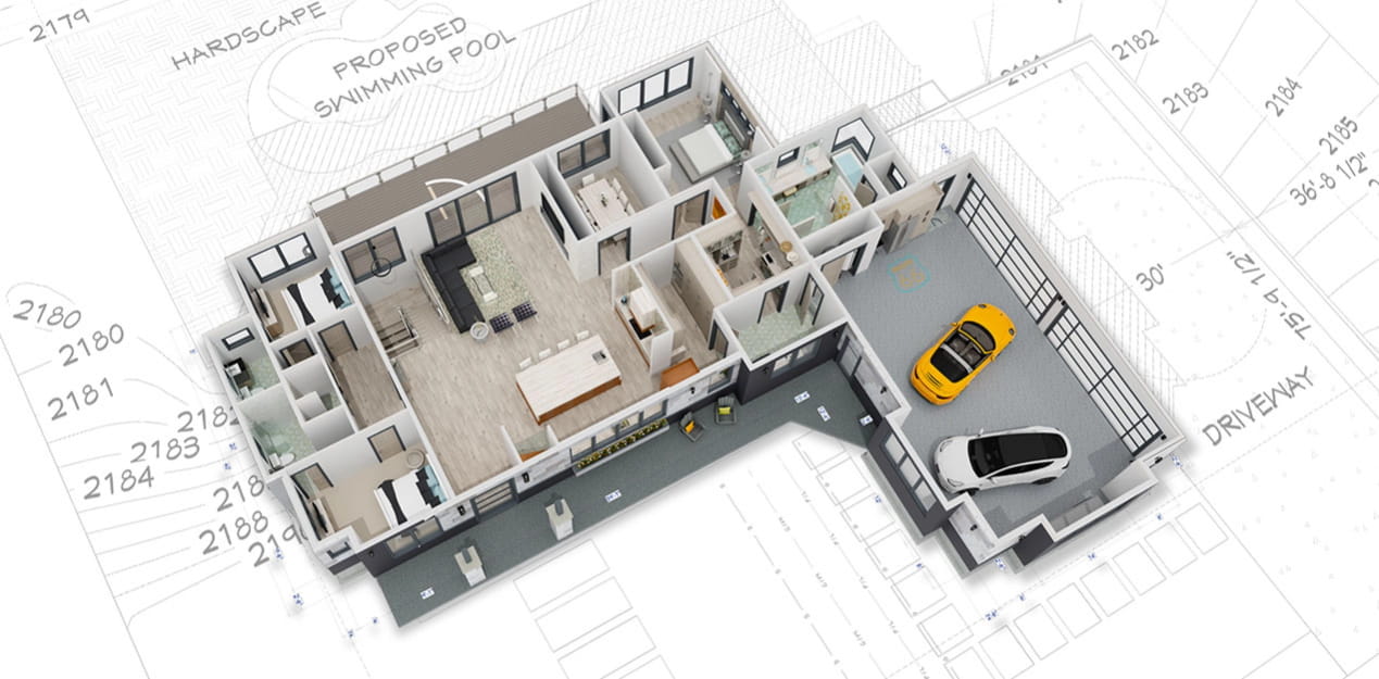 View of a furnished house floorplan in 3D with the roof removed surrounded by a site plan drawing.