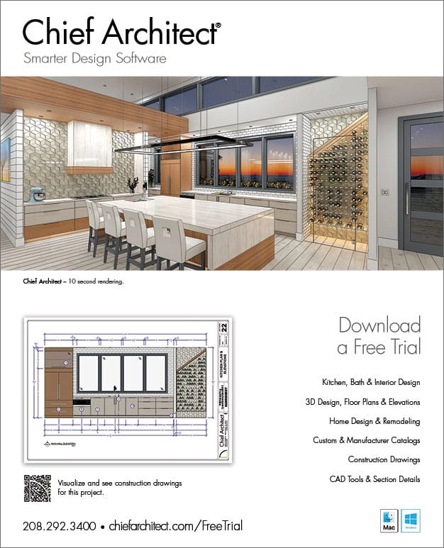 Magazine ad for Chief Architect with a render and layout sheet of the Hawksnest kitchen.