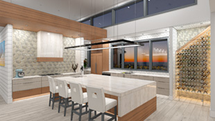 minimalist kitchen in beige and honey tones has large waterfall island that seats four and looks past sink wall to windows with a sunset view; cooking area is on left side of room and a win cellar is on the right