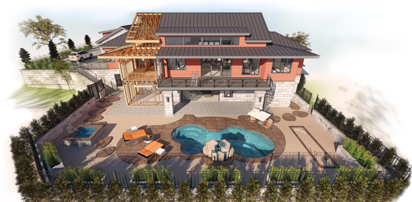 Chief Architect sample house designed in a contemporary style with a swimming pool and exposed framing.