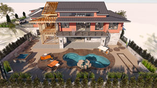 looking down into a fenced backyard with organic shaped pool, bocce ball court open to daylight bacement, spiral stairs to main floor deck into a coral color house with large overhang parking in the background on a terraced flat from retaining wall