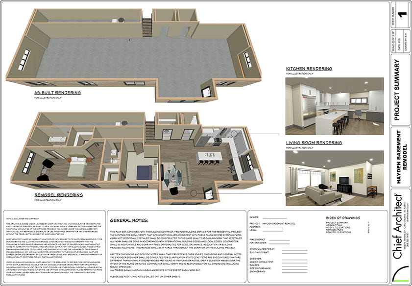 Basement remodeling project with as-built and completed design