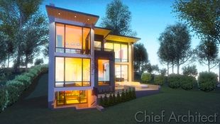 A high-quality ray trace of an exterior contemporary home at dusk, walls of windows glow in amber hues creating a warm inviting scene.