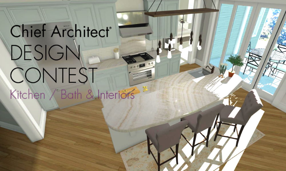 Kitchen rendering with blue cabinets and large, white island.