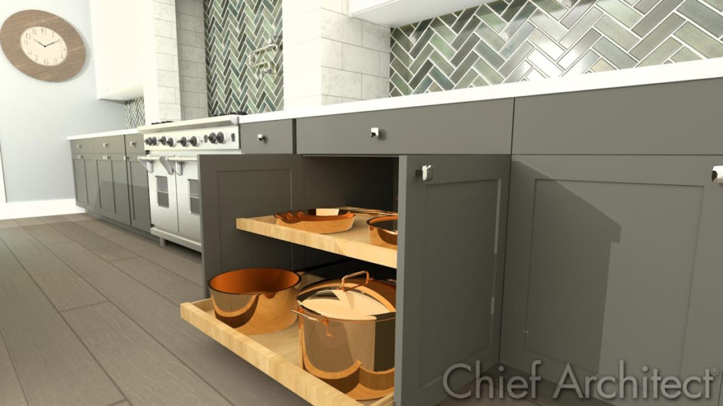 A close-up view of a modern kitchen showcasing gray shaker cabinets, pull-out wooden shelves with copper cookware, and a stylish green herringbone tile backsplash rendered in Chief Architect.
