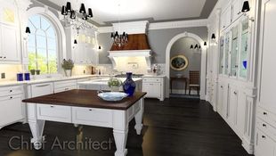 A traditional white kitchen with grey walls and deep brown floors, flush inset cabinet doors, crown molding, round top door and window, and built-in china hutch.