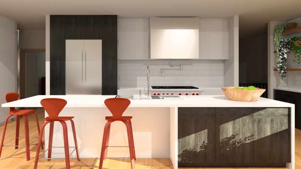 A rendering of a kitchen with a mix of simple white cabinetry and black wooden cabinets. There are rust colored stools at the counter. This kitchen was designed using the principles of feng shui.