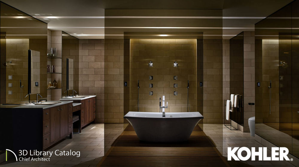 Primary bathroom with stand-alone tub and kohler fixtures.