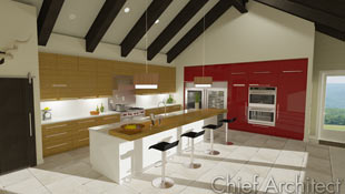 A contradiction in finishes, shiny lacquered cabinets are paired with matte finished rustic square tile floors, a sliding barn door, a Markhor antler mount, and a contemporary island bar to create a chic kitchen space.