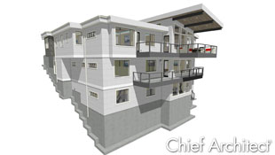 This contemporary hillside home features 3 levels, each with panoramic views, and sweeping cantilevered roofs and decks.